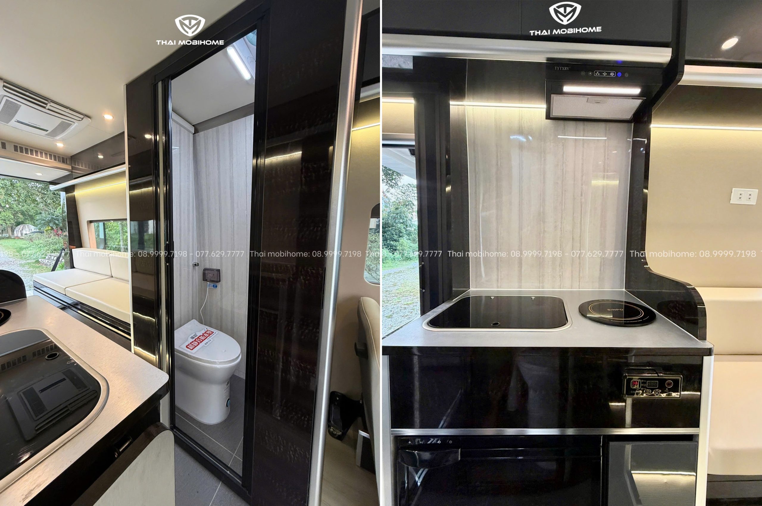 Khu bếp xe mobihome thiết kế gọn gàng đầy đủ bếp từ vòi rửa và tủ lạnh