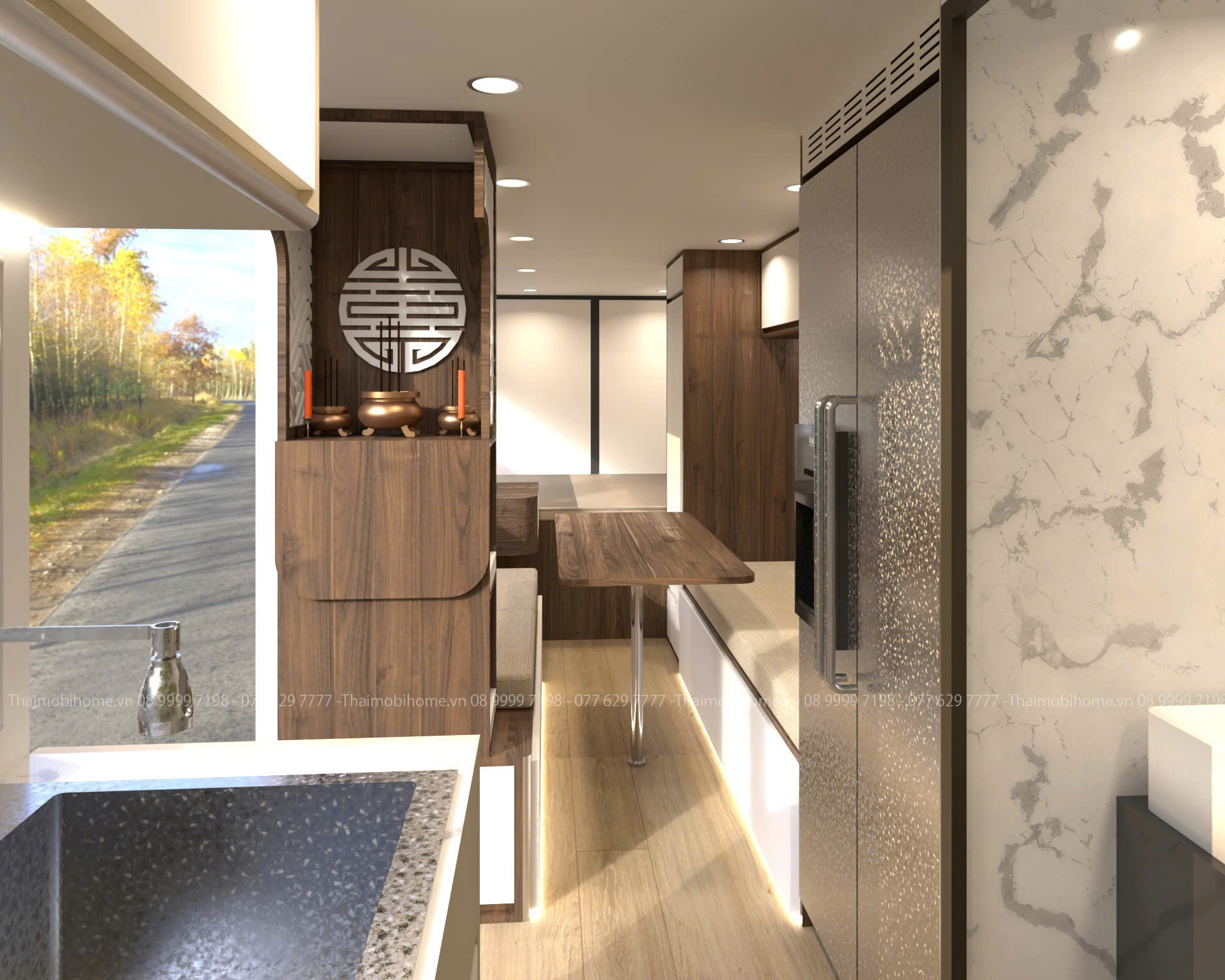Nhà Giữa Hà Nội Trên Xe Tải - Giải Pháp Nhà Ở Di Động Giúp Giảm Áp Lực Tiền Thuê Nhà 3 Khu bàn thờ Thần Tài được bố trí trong xe mobihome để ở lâu dài