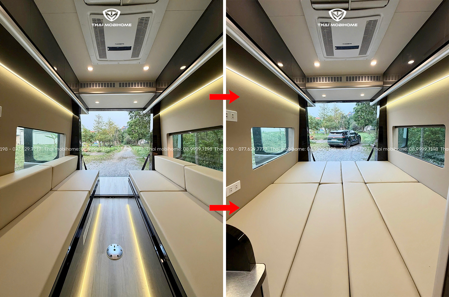Sofa chuyển đổi thành giường trên xe Ford Transit Mobihome phục vụ nghỉ ngơi dài ngày